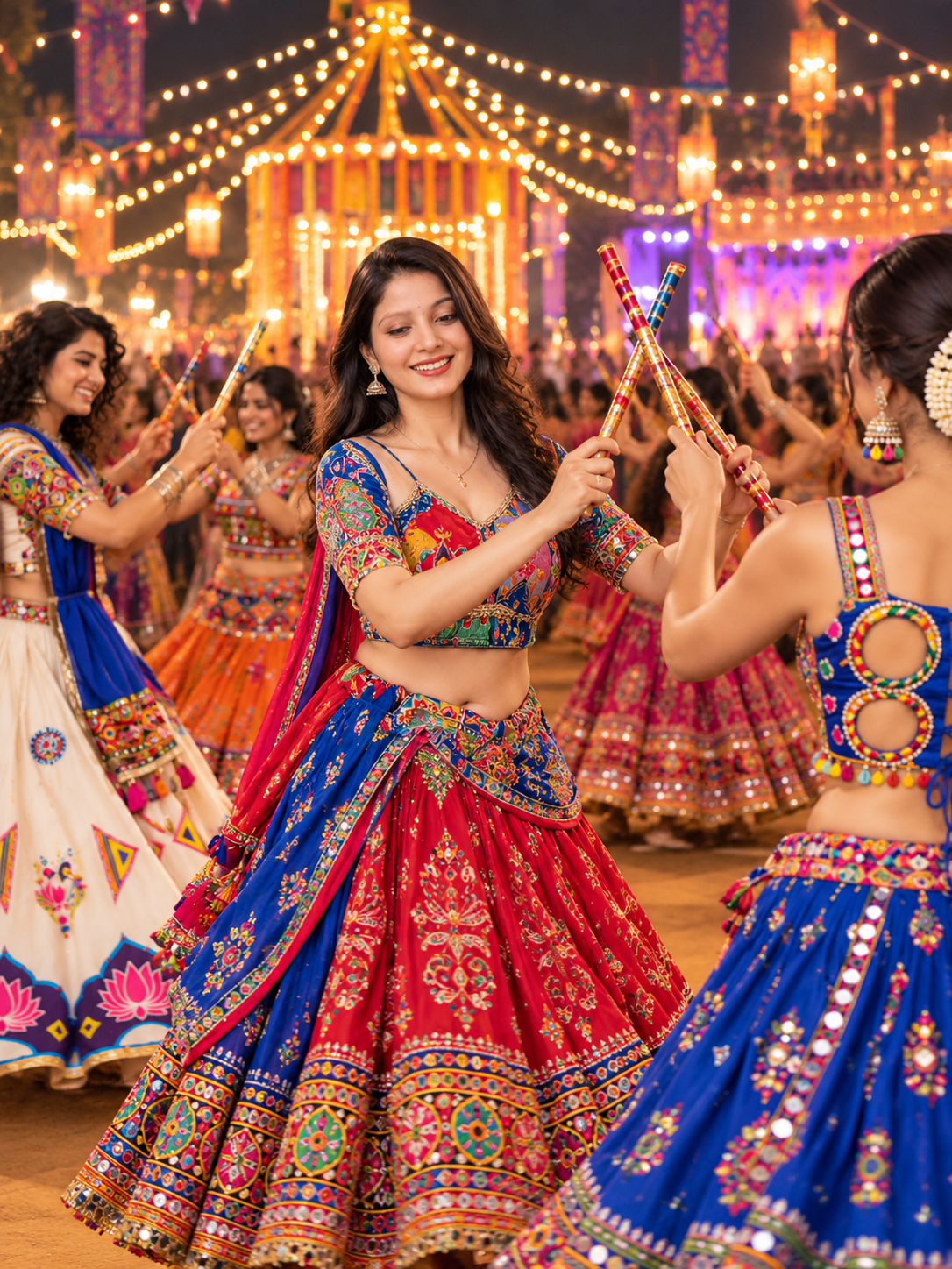 Women in traditional chaniya choli dancing Garba with dandiya sticks at Sacred Raas